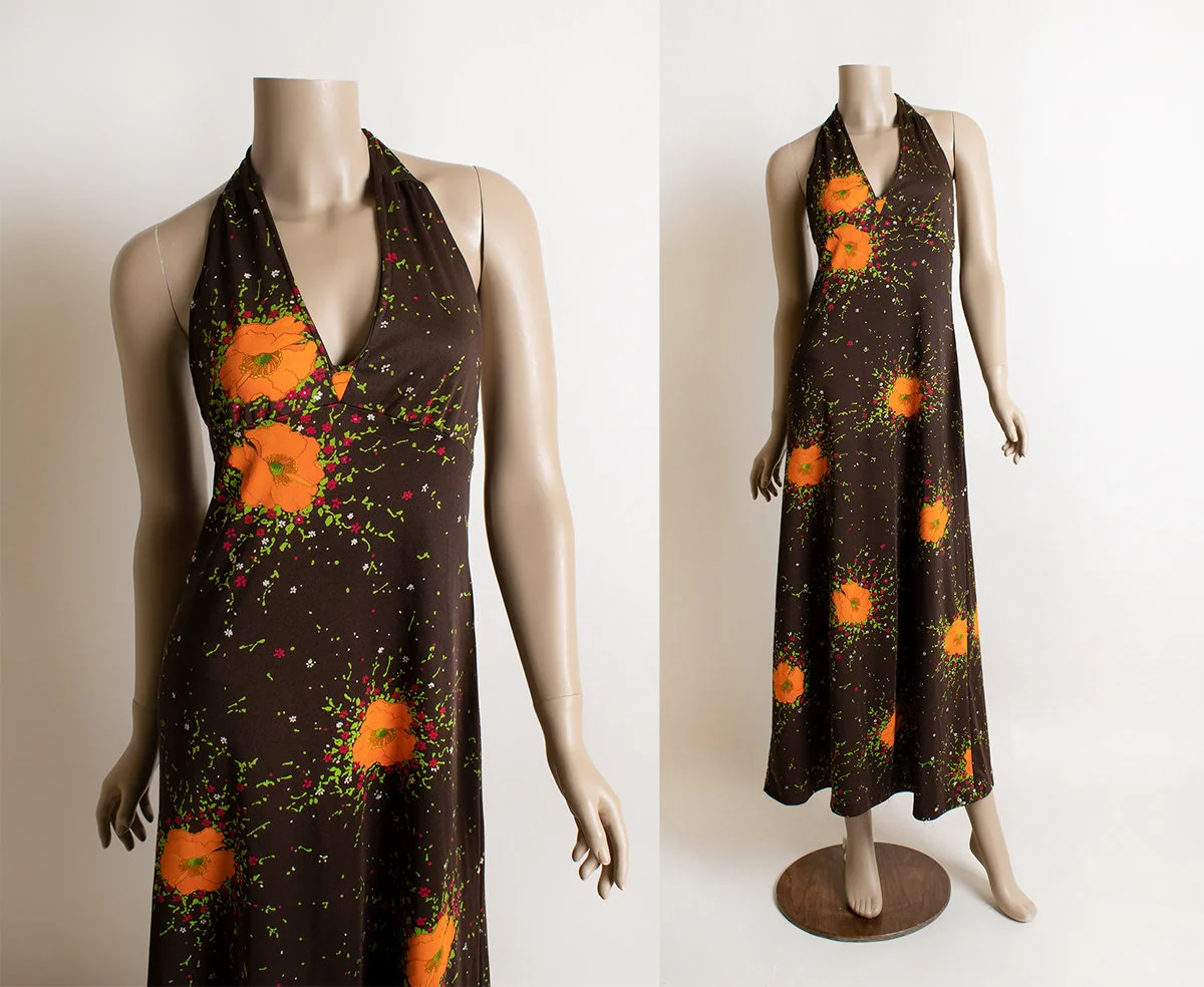 Vintage 70s Maxi Dress - Tangerine Floral Poppy Print Halter Maxi Floor Length Gown Bohemian Festival Brown Autumn - Small Medium - Image 3