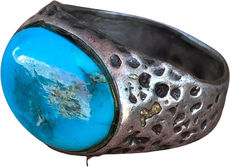 70s Vintage Mens Brutalist Turquoise Silver Ring Sz 9. 75 By Artisan