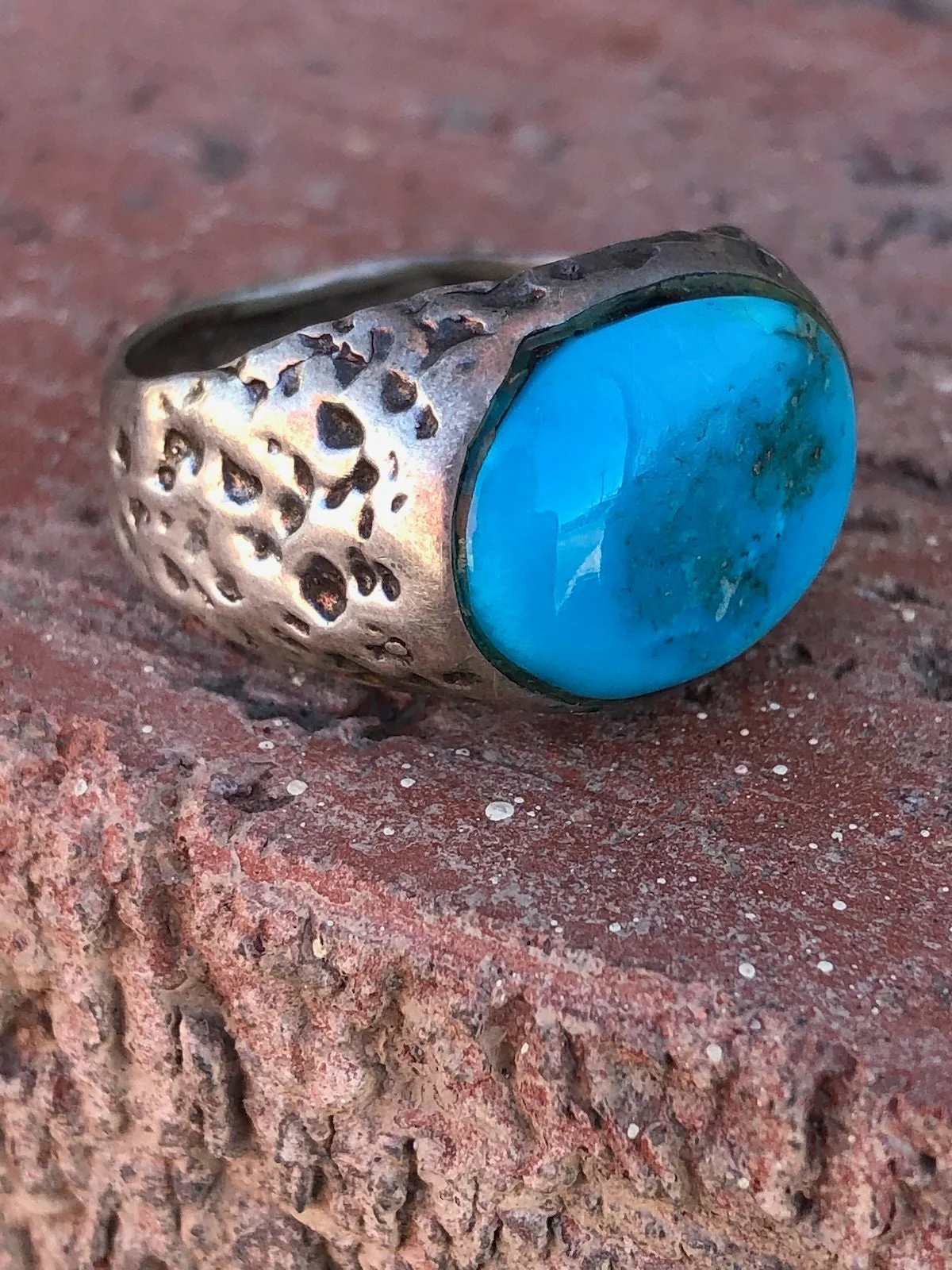 70s Vintage Mens Brutalist Turquoise Silver Ring Sz 9. 75 By Artisan - Image 3