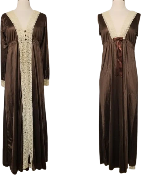 Vintage 70s Miss Elaine Brown Satin Cream Lace Nightgown Slip Dress and Robe S/m by  Miss Elaine