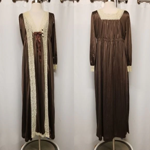 Vintage 70s Miss Elaine Brown Satin Cream Lace Nightgown Slip Dress and Robe S/m by  Miss Elaine - Image 10