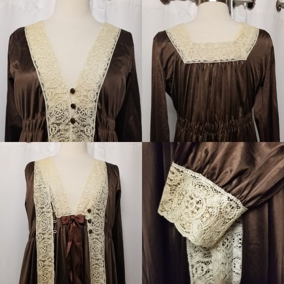 Vintage 70s Miss Elaine Brown Satin Cream Lace Nightgown Slip Dress and Robe S/m by  Miss Elaine - Image 2
