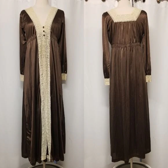 Vintage 70s Miss Elaine Brown Satin Cream Lace Nightgown Slip Dress and Robe S/m by  Miss Elaine - Image 6