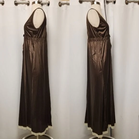 Vintage 70s Miss Elaine Brown Satin Cream Lace Nightgown Slip Dress and Robe S/m by  Miss Elaine - Image 8