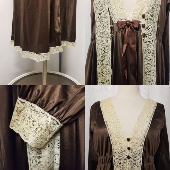 Vintage 70s Miss Elaine Brown Satin Cream Lace Nightgown Slip Dress and Robe S/m by  Miss Elaine - Image 9