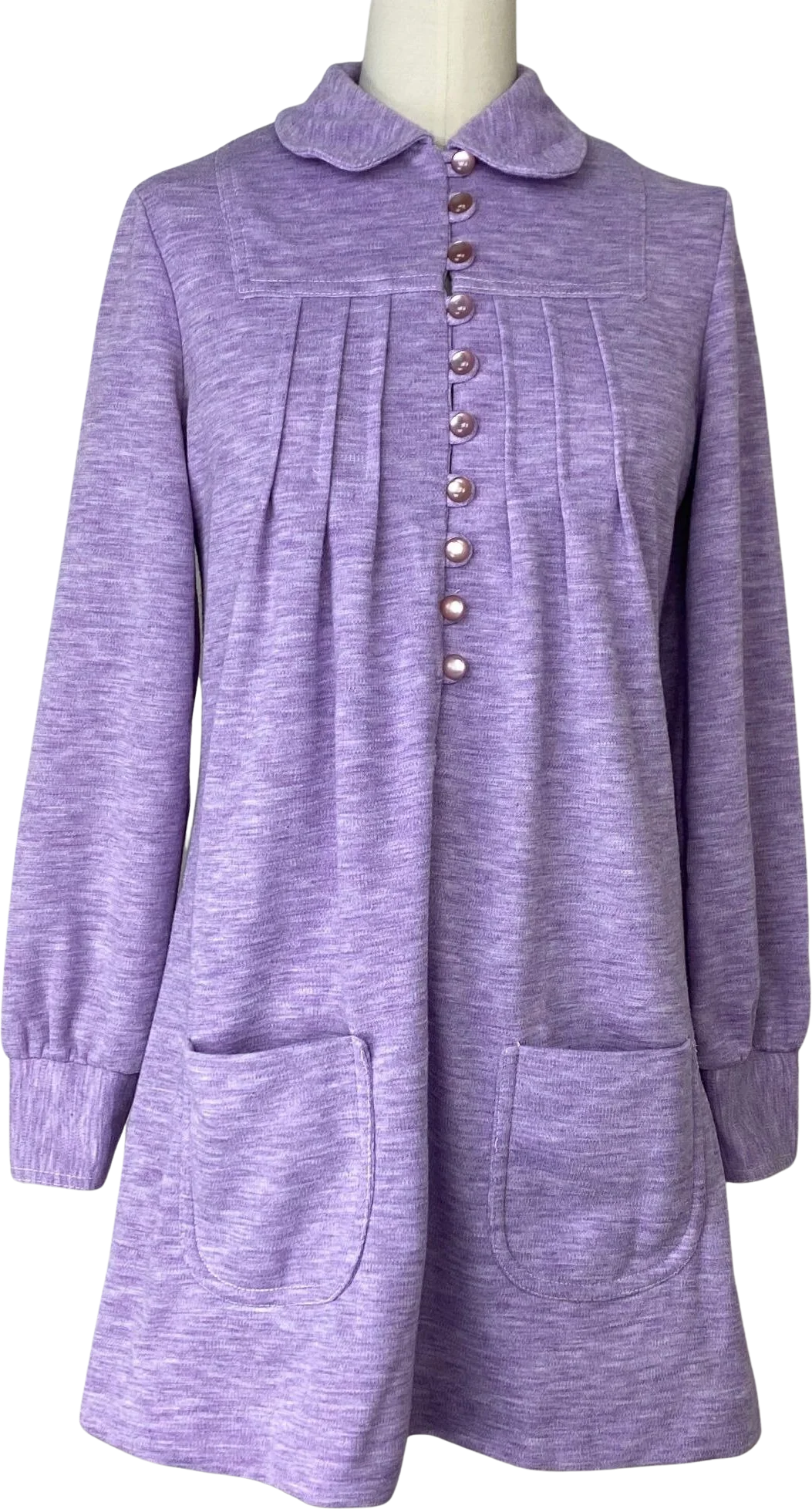 Vintage 70s Mod Knit Mini Dress Size Small, Heathered Purple Peter Pan Collar