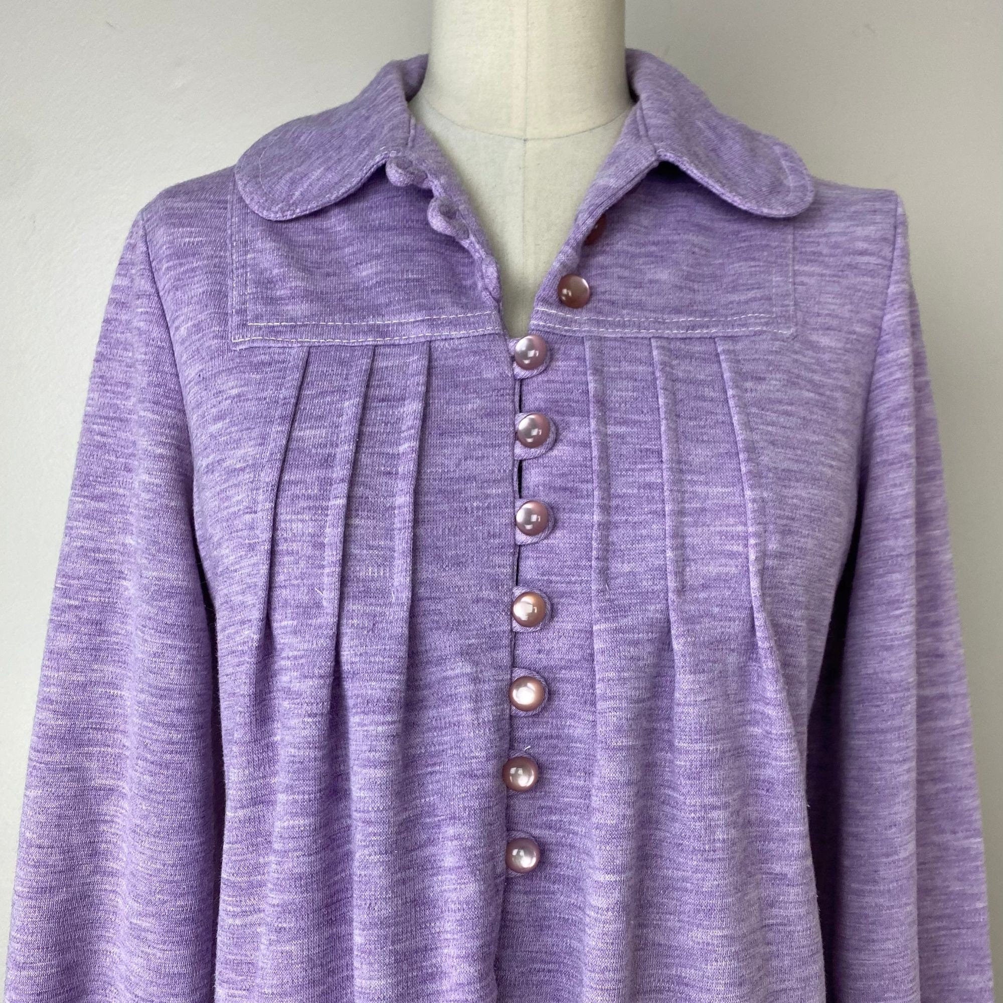 Vintage 70s Mod Knit Mini Dress Size Small, Heathered Purple Peter Pan Collar - Image 5