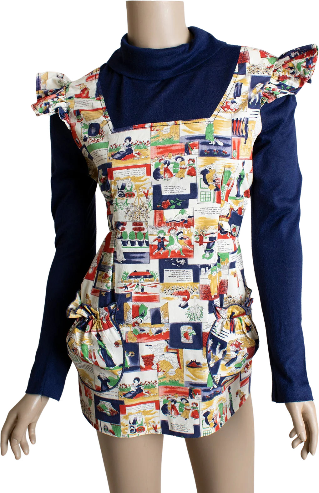 70s Novelty Print Babydoll Blouse Poems and Riddles Long Sleeve Cotton Tunic with Pockets