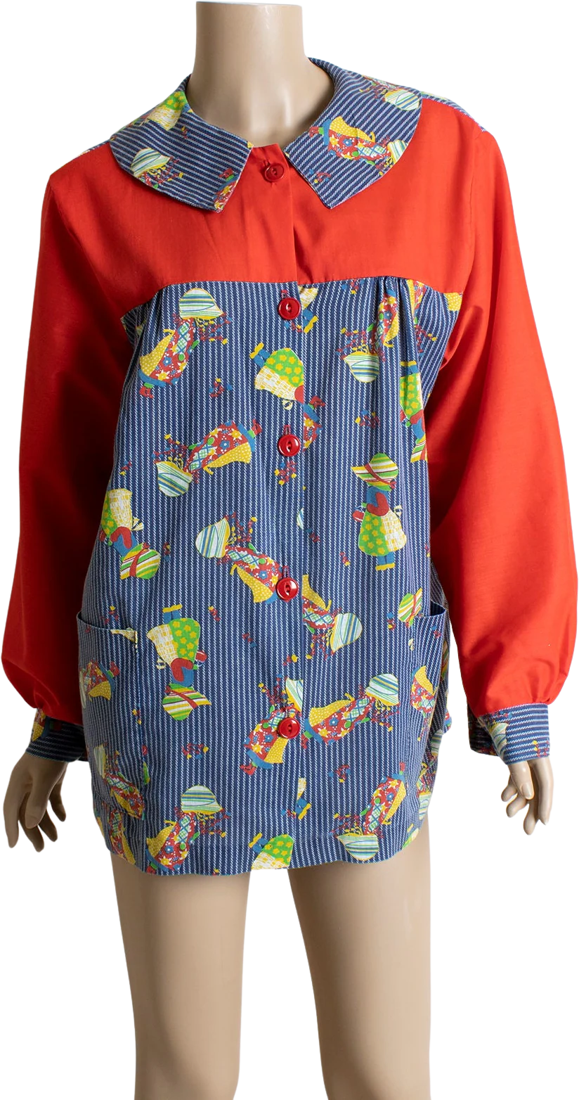 Vintage 70s Novelty Print Blouse - Little Prairie Farm Girl In Bonnet - Red White Blue Striped Button Up Maternity Blouse Shirt Tunic