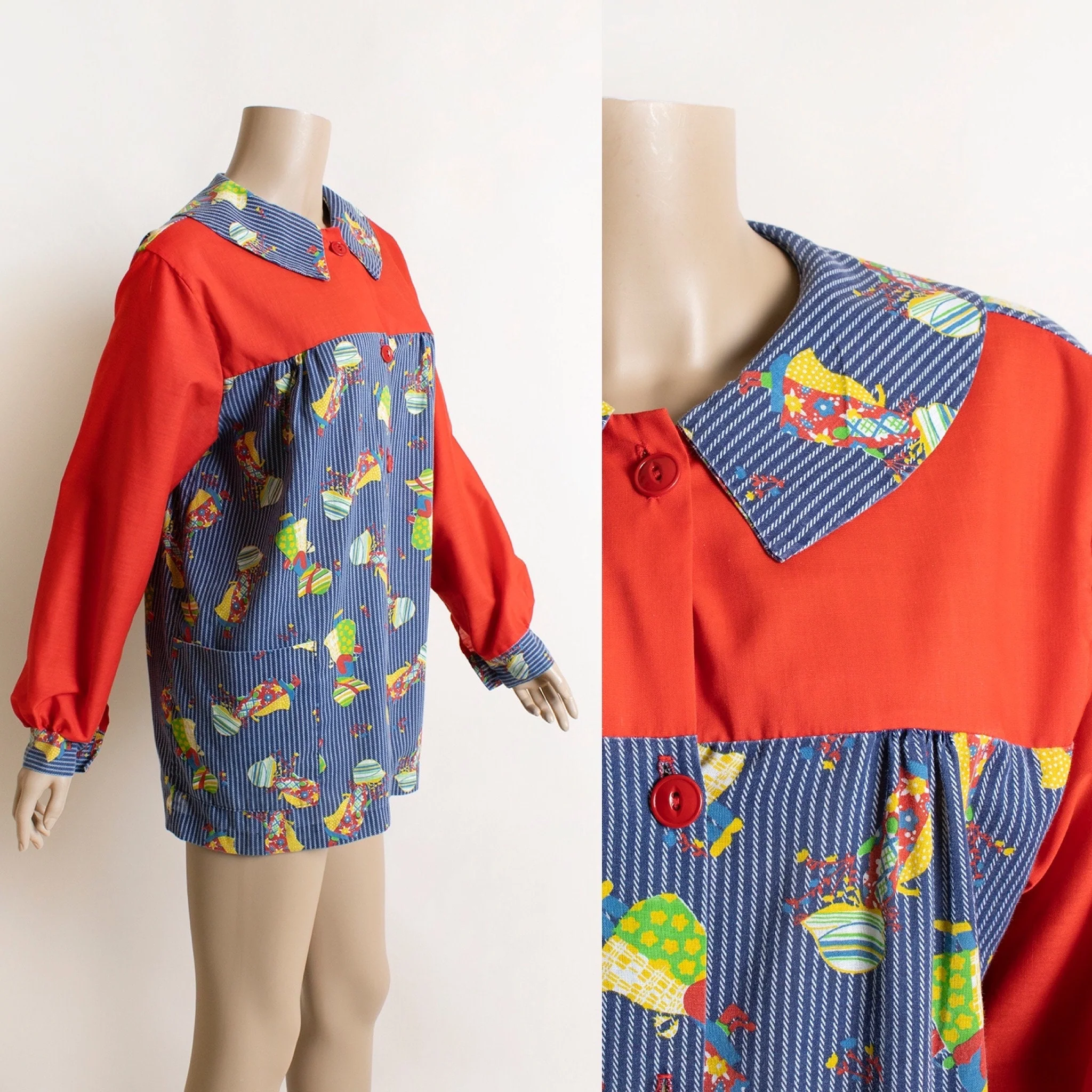 Vintage 70s Novelty Print Blouse - Little Prairie Farm Girl In Bonnet - Red White Blue Striped Button Up Maternity Blouse Shirt Tunic - Image 3