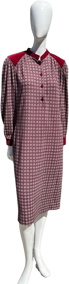 Vintage 70s Novelty Print Shirtdress Dress Long Sleeve Collarless Velvet Trimmed Size 10 by Les Lunis