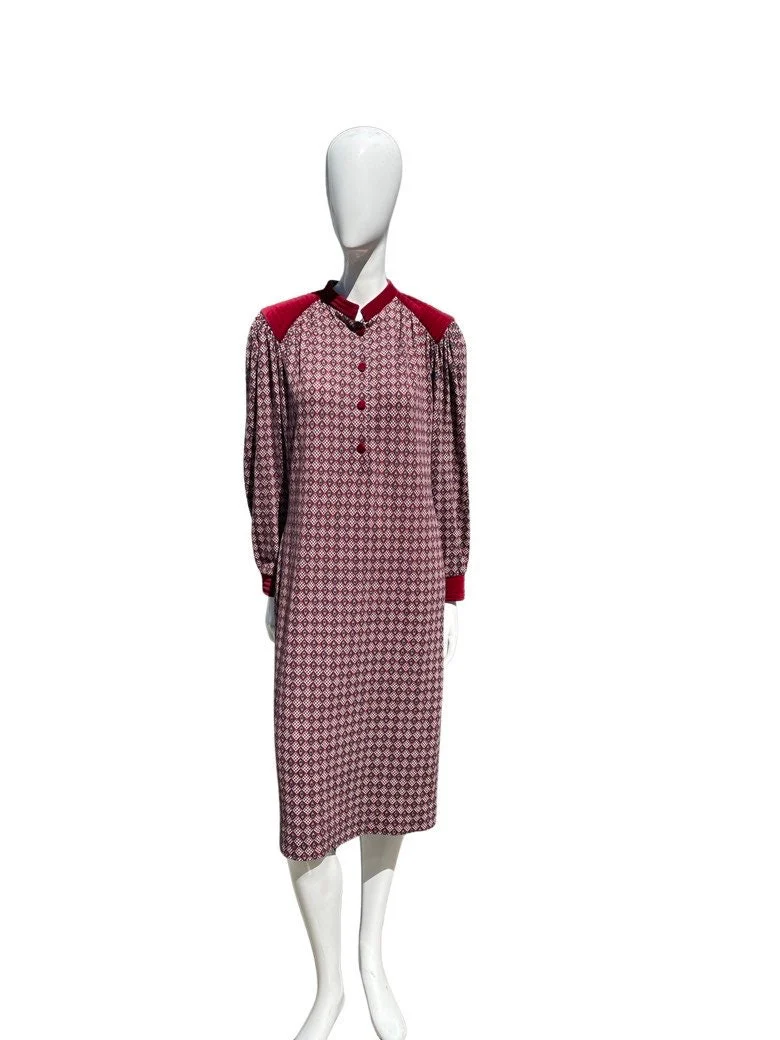Vintage 70s Novelty Print Shirtdress Dress Long Sleeve Collarless Velvet Trimmed Size 10 by Les Lunis - Image 3