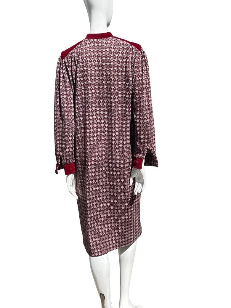 Vintage 70s Novelty Print Shirtdress Dress Long Sleeve Collarless Velvet Trimmed Size 10 by Les Lunis - Image 5