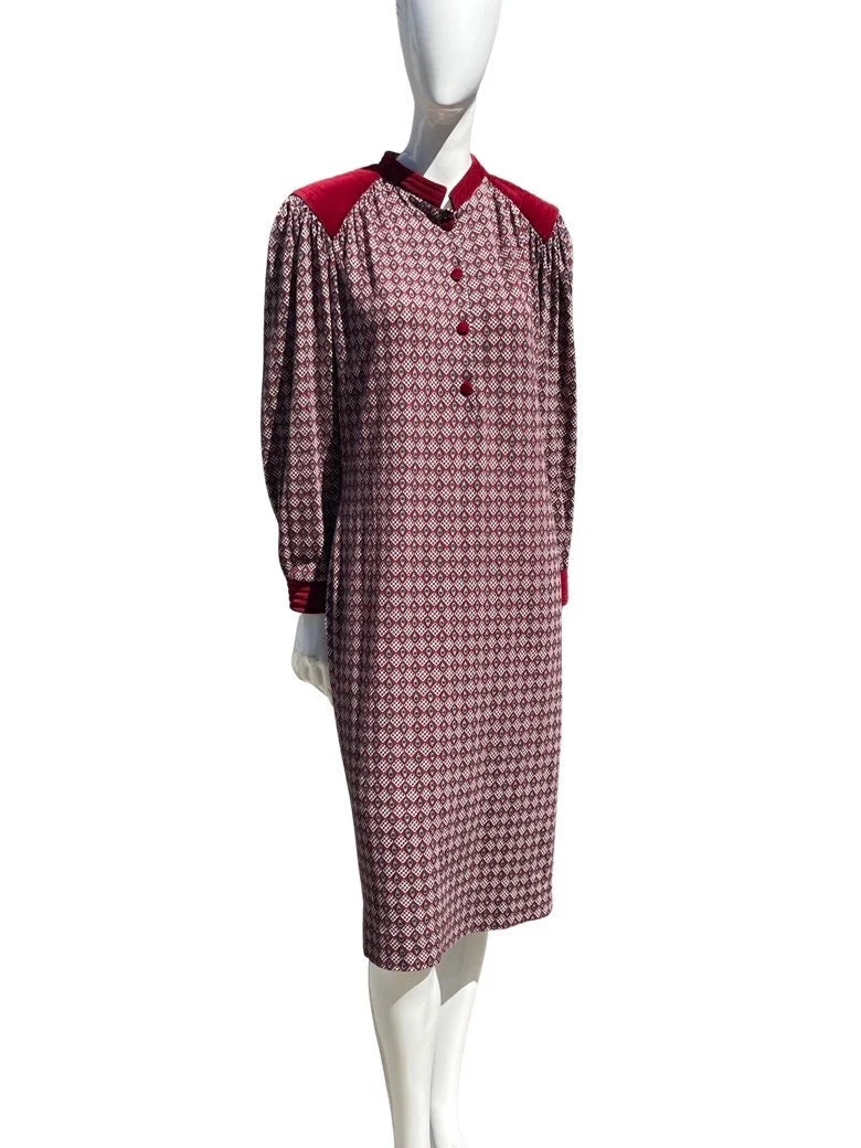 Vintage 70s Novelty Print Shirtdress Dress Long Sleeve Collarless Velvet Trimmed Size 10 by Les Lunis - Image 6