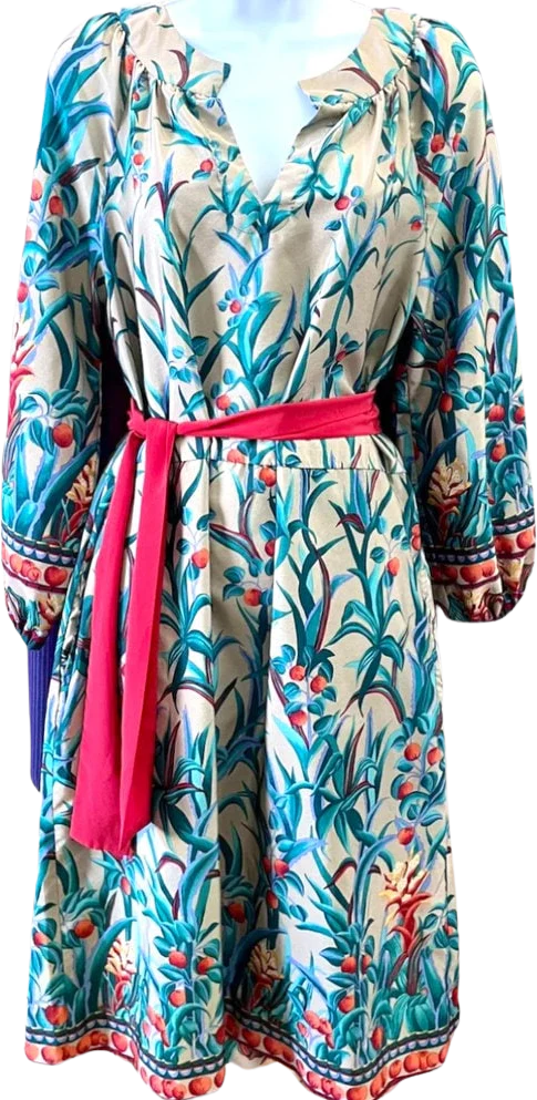 Vintage 70s Nude Red Green Tropical Floral Shift Dress Medium/large Fall