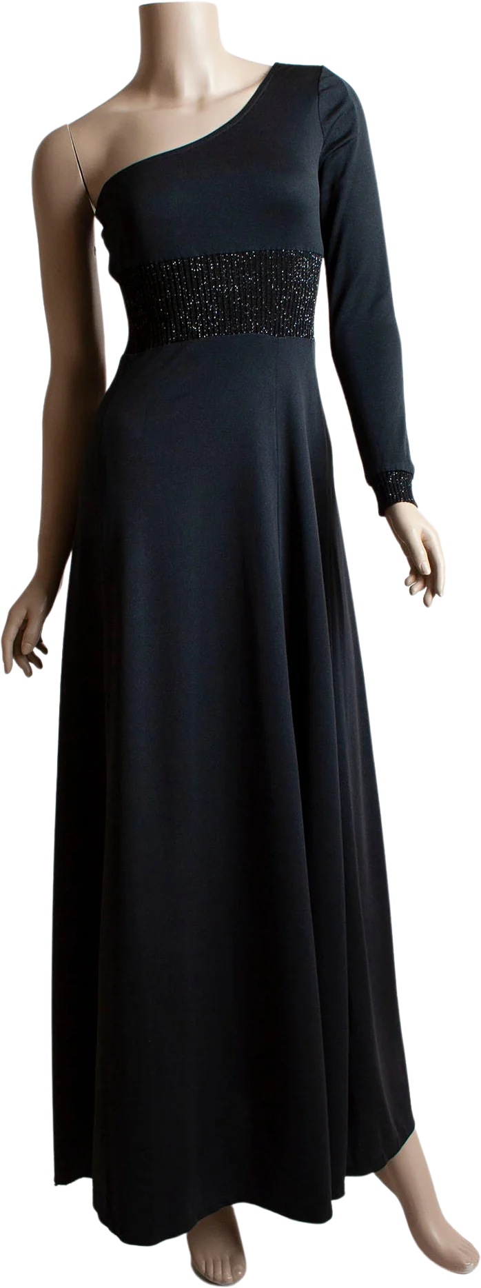 Vintage 70s One Shoulder Maxi Dress Disco Sparkly Ribbed Black Nylon Floor Length Gown Asymmetrical Arm Small