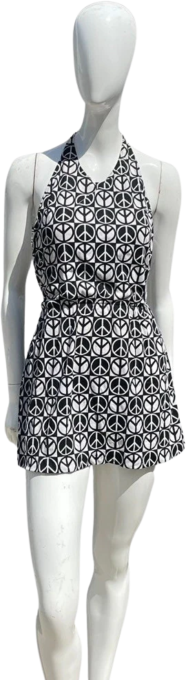 Vintage 70s Original Bathing Suit Mini Dress Novelty Print Peace Symbol Pool Dress by Two Twins Miami Halter Tennis Dress
