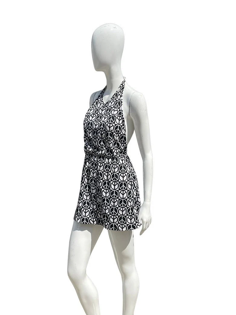 Vintage 70s Original Bathing Suit Mini Dress Novelty Print Peace Symbol Pool Dress by Two Twins Miami Halter Tennis Dress - Image 4