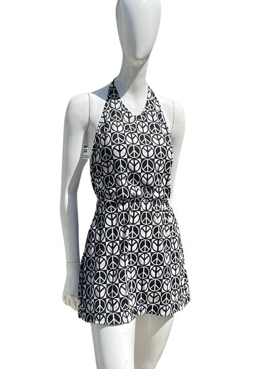 Vintage 70s Original Bathing Suit Mini Dress Novelty Print Peace Symbol Pool Dress by Two Twins Miami Halter Tennis Dress - Image 5