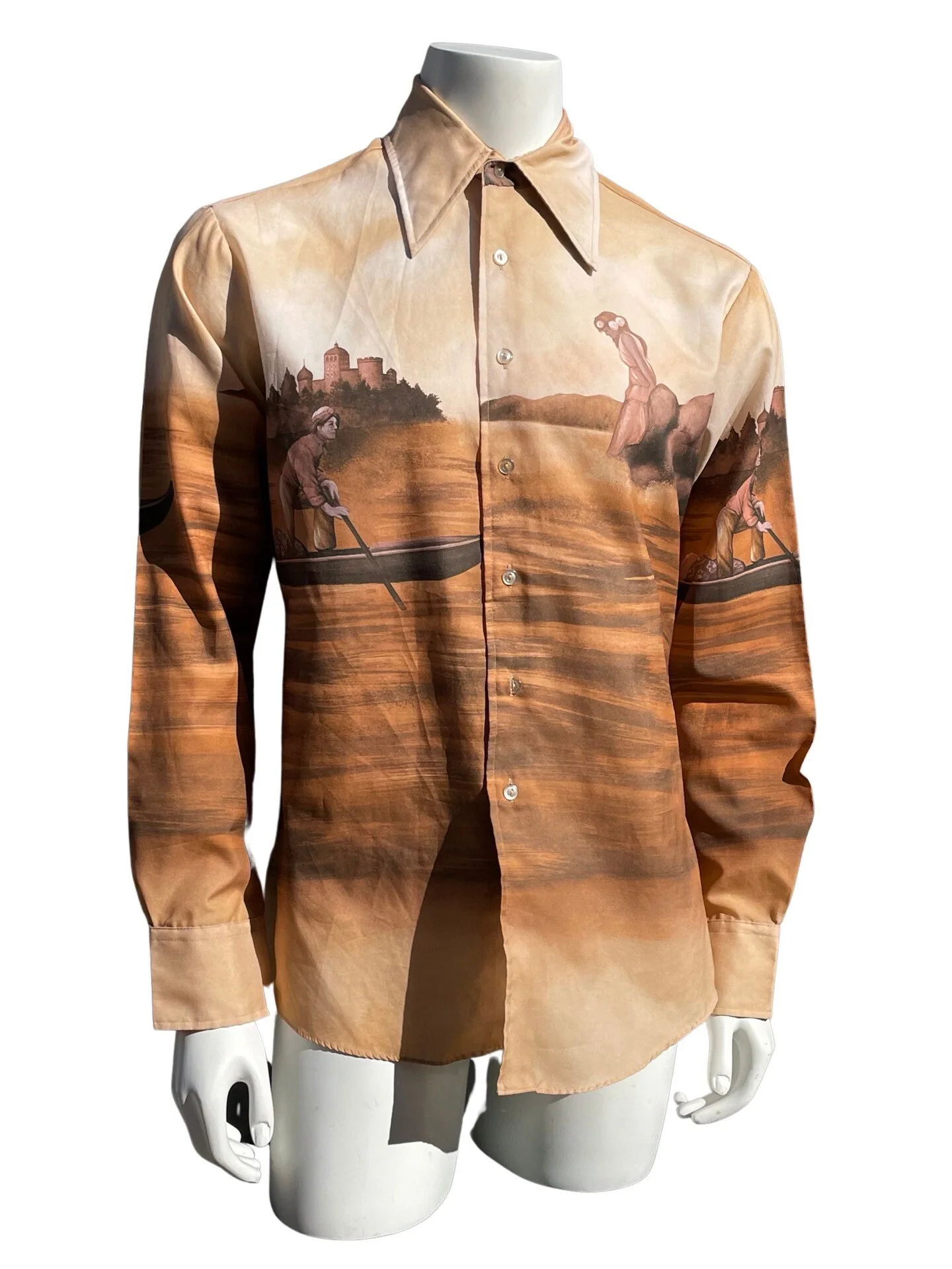 Vintage 70s Painting Art Print Shirt Polyester Disco Shirt Fantasy Princess Romance Size L by Flour De Rome - Image 8
