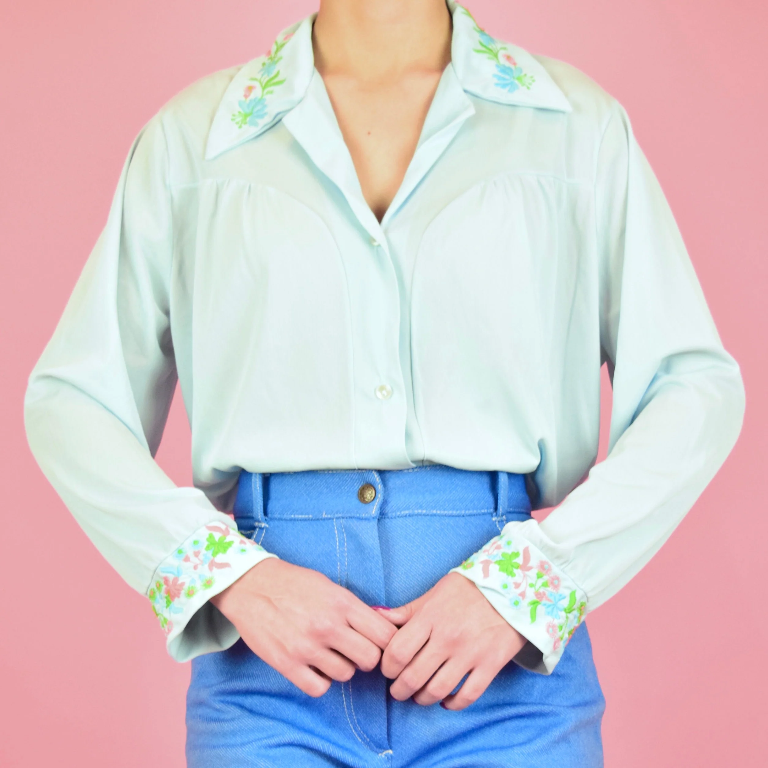 Vintage 70s Pastel Blue Floral Embroidered Blouse by Sears - Image 3