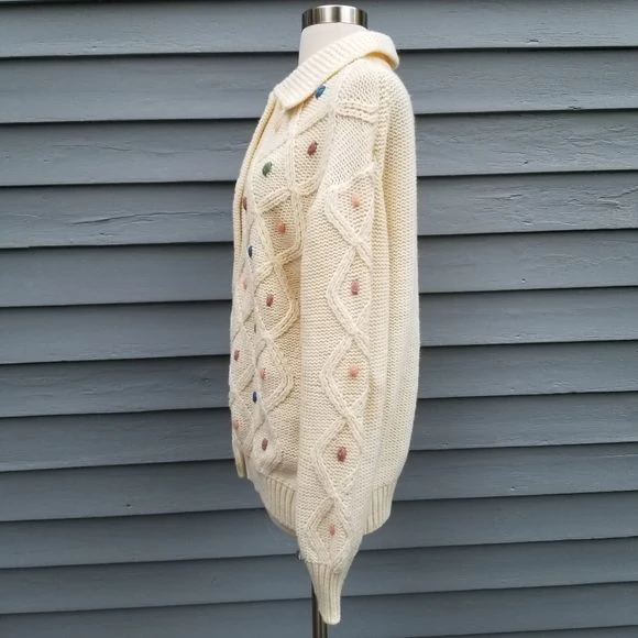 Vintage 70s Pastel Dots Cream Acrylic Fisherman Button Down Cardigan Sweater by Flair Fashions - Image 5