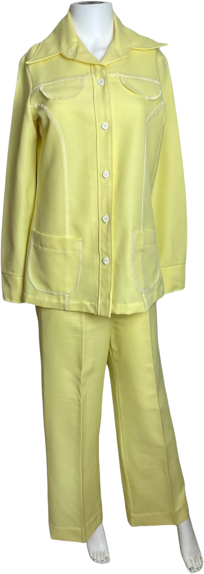 Vintage 70s Pastel Yellow Matching Two Piece Pants Shirt Set Dagger Collar
