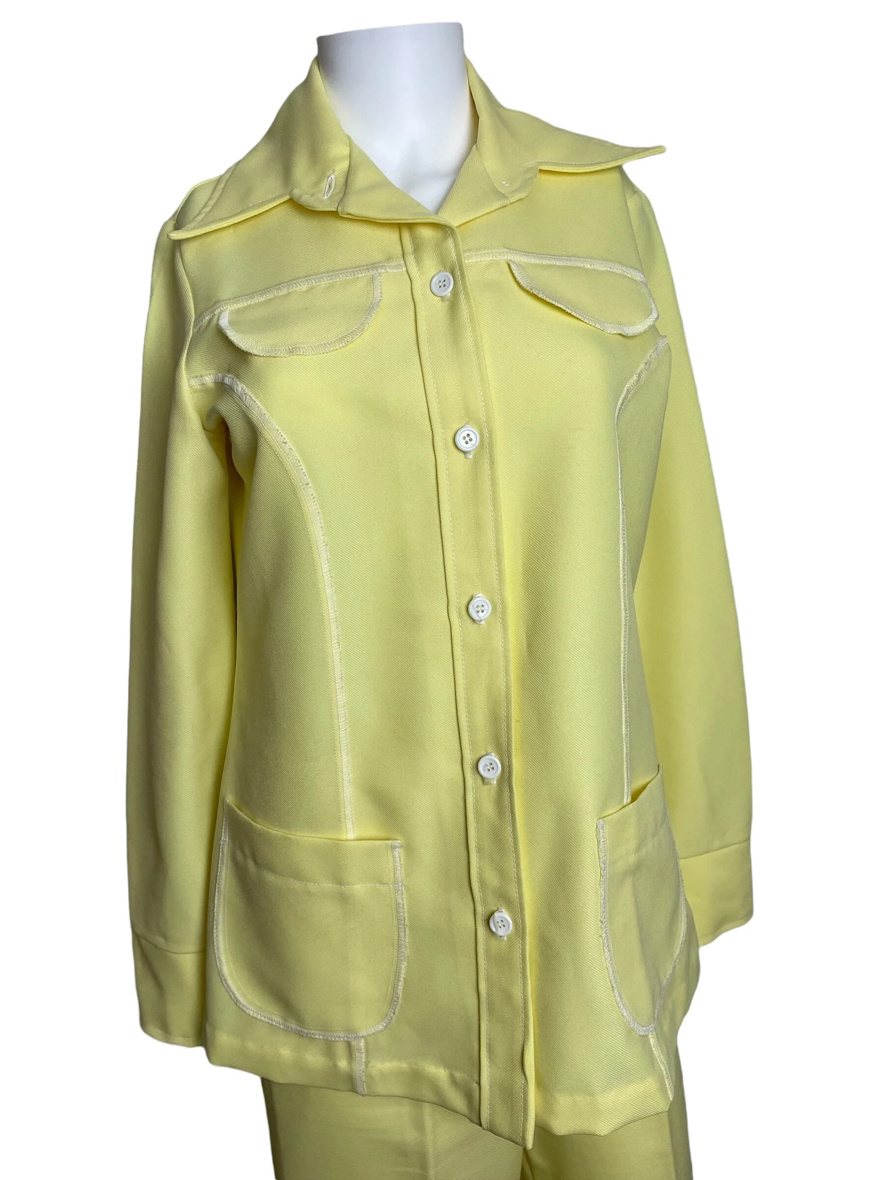 Vintage 70s Pastel Yellow Matching Two Piece Pants Shirt Set Dagger Collar - Image 3