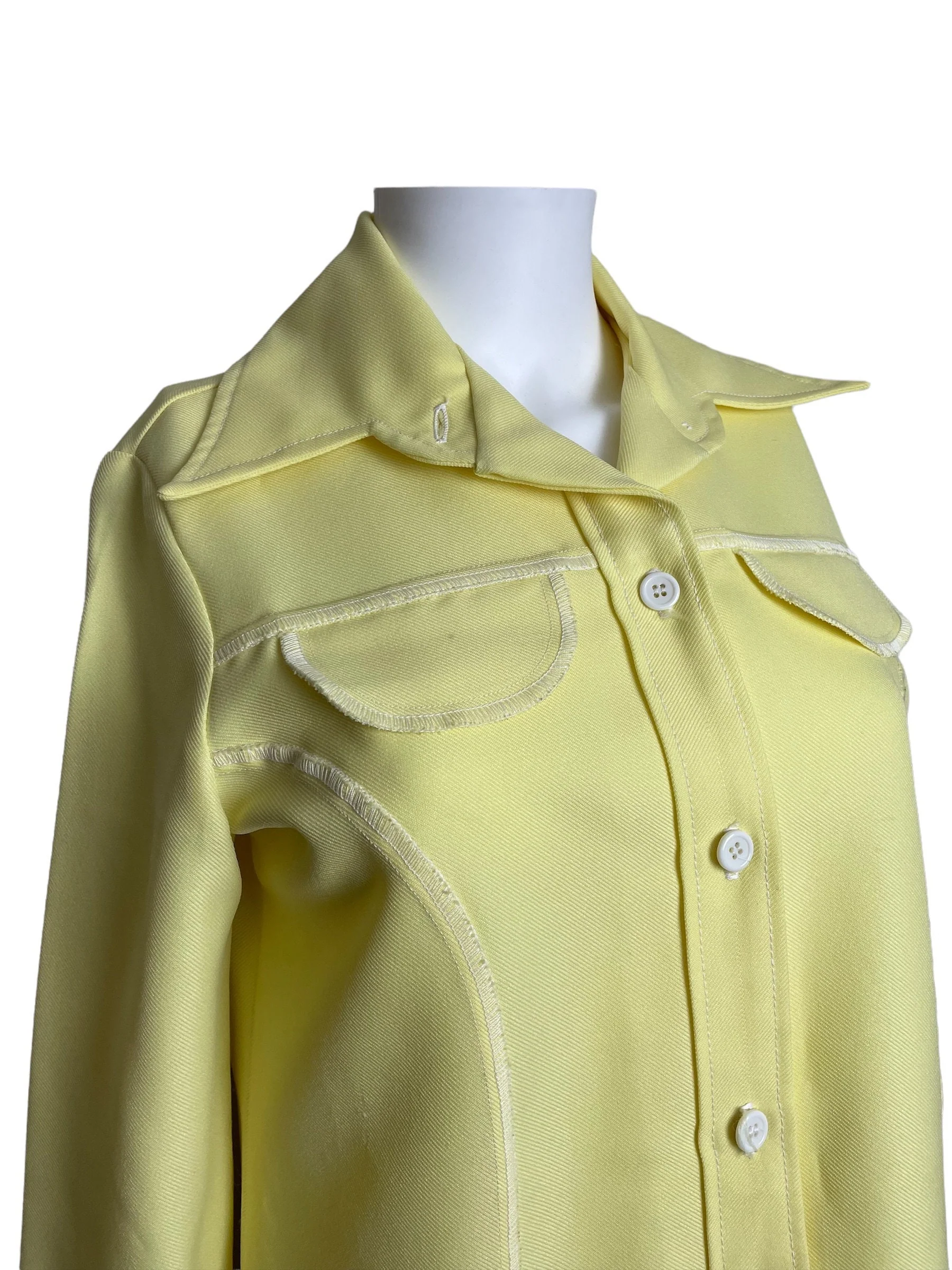 Vintage 70s Pastel Yellow Matching Two Piece Pants Shirt Set Dagger Collar - Image 4