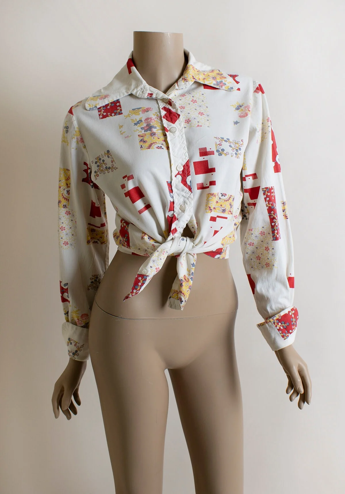 Vintage 70s Patchwork Blouse Button Up Front Western Style Cotton Long Sleeve Pointy Collar Small - Image 5