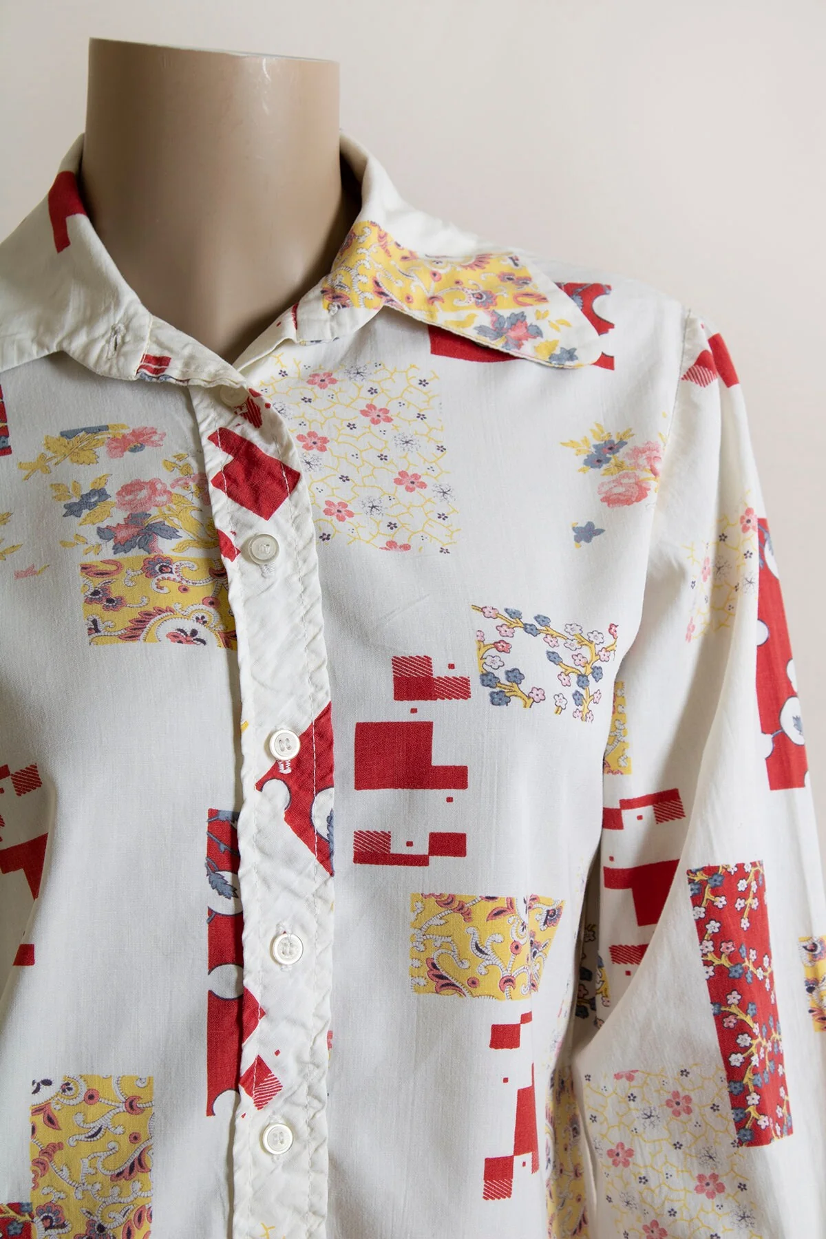 Vintage 70s Patchwork Blouse Button Up Front Western Style Cotton Long Sleeve Pointy Collar Small - Image 6