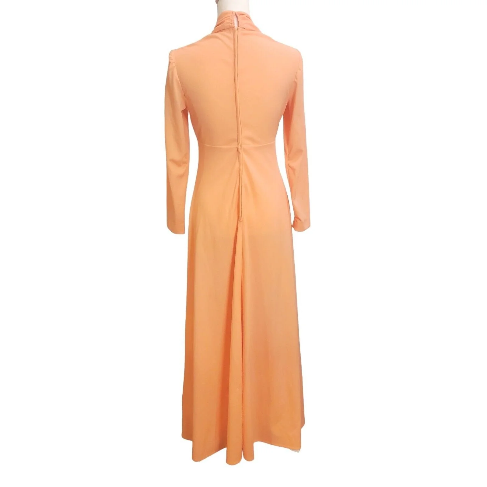 Vintage 70s Peach Orange Longsleeve V-Neck Hostess Maxi Dress Long Sz S Flaw - Image 2