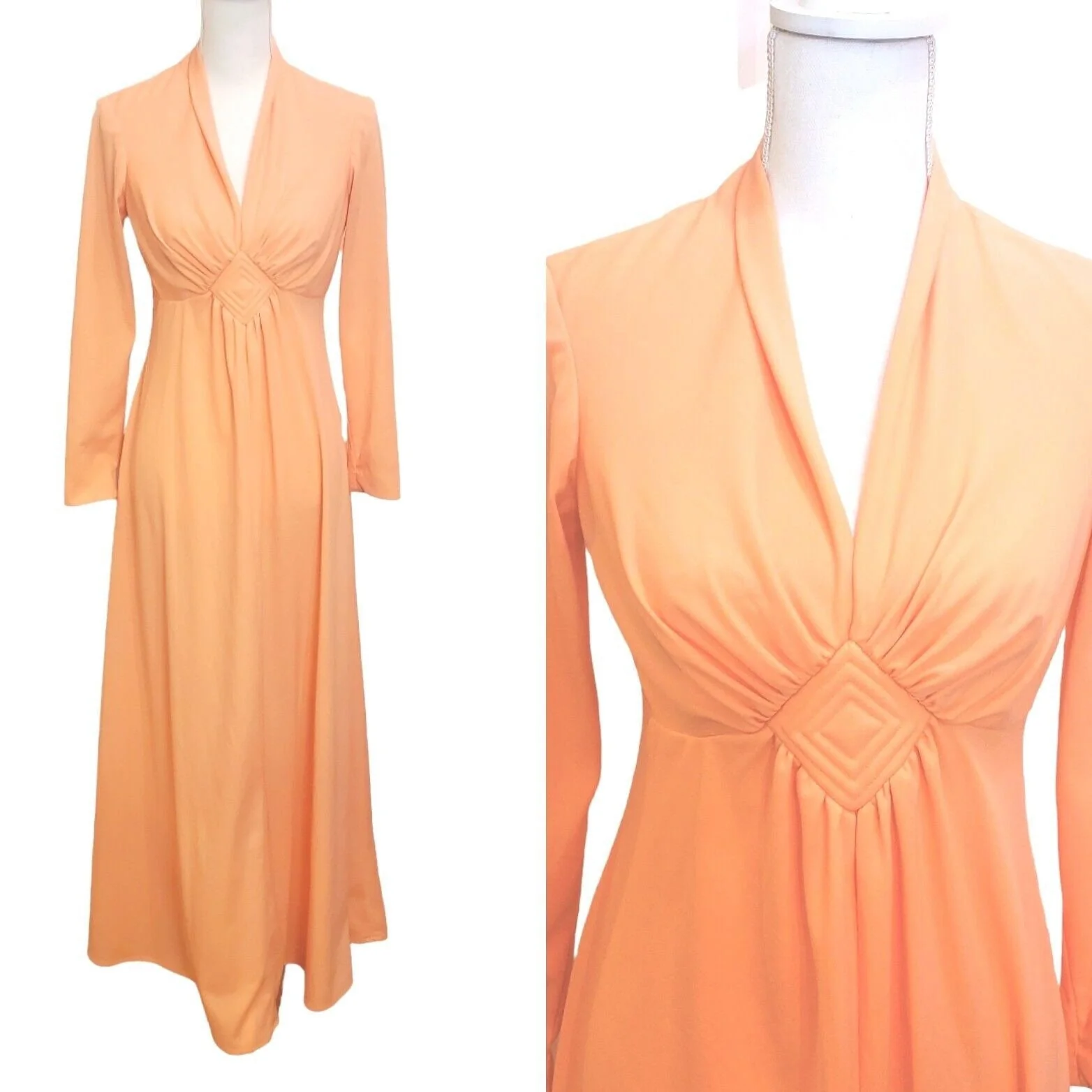 Vintage 70s Peach Orange Longsleeve V-Neck Hostess Maxi Dress Long Sz S Flaw - Image 3