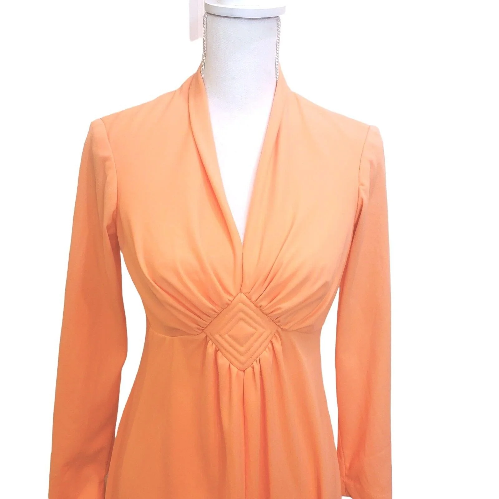 Vintage 70s Peach Orange Longsleeve V-Neck Hostess Maxi Dress Long Sz S Flaw - Image 4