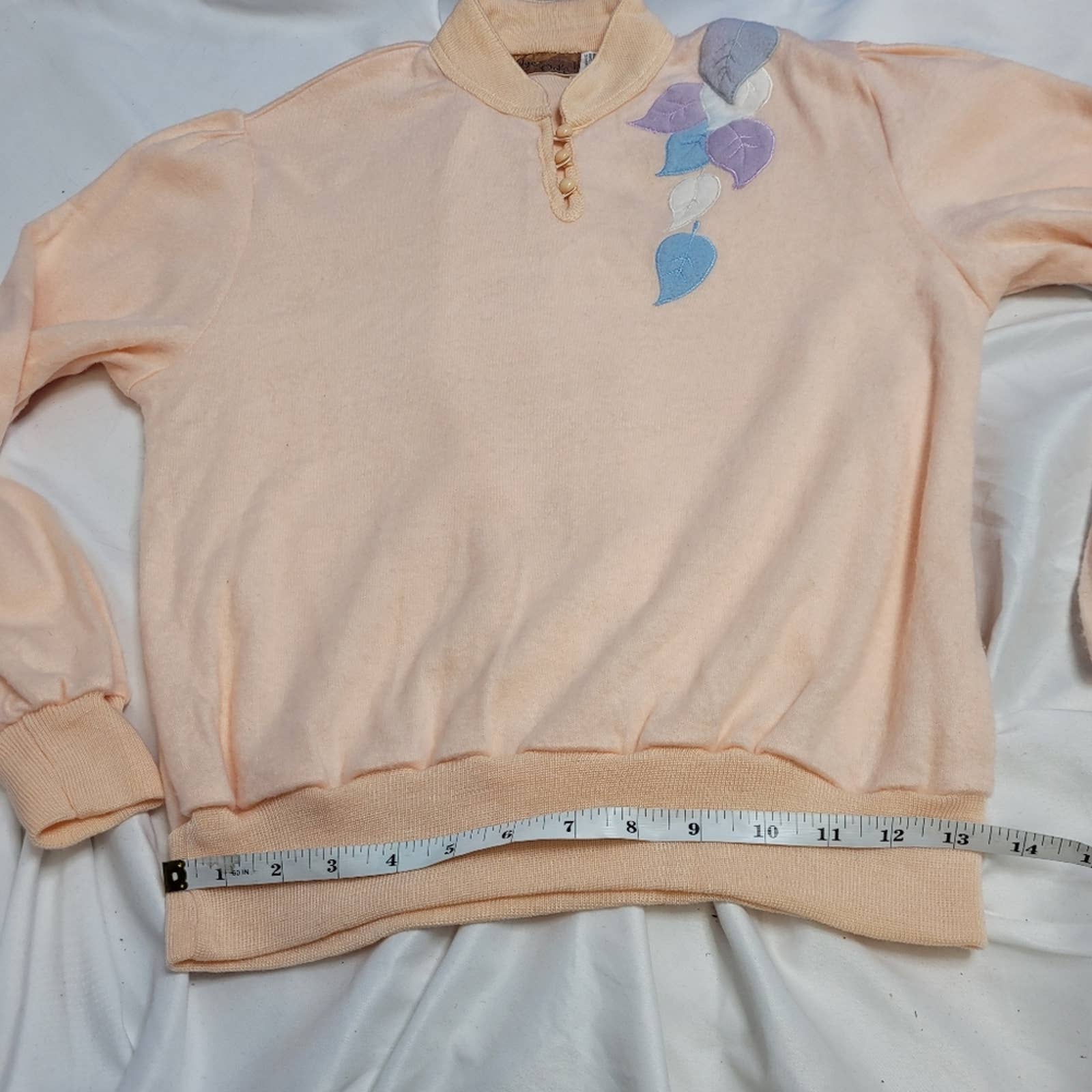 Vintage 70s Peach Top Applique Leaves Mock Neck Fuzzy Sweatshirt S by Wye Oaks - Image 7