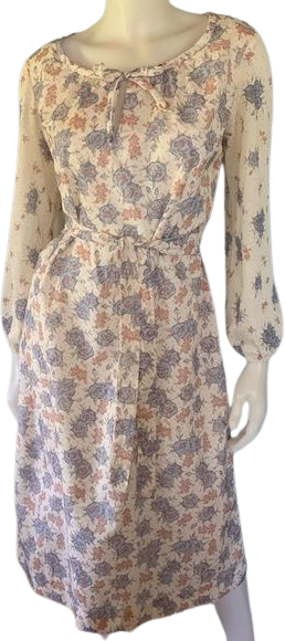 Vintage 70s Peasant Dress Medium Bleeker Street Floral Print Sheer Sleeve Midi