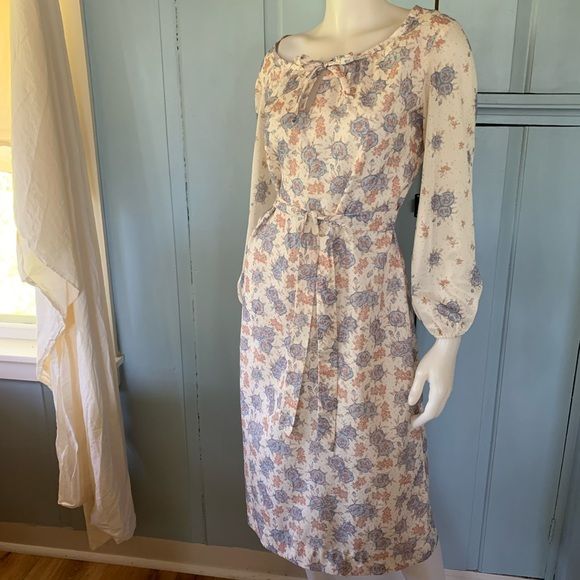 Vintage 70s Peasant Dress Medium Bleeker Street Floral Print Sheer Sleeve Midi - Image 12