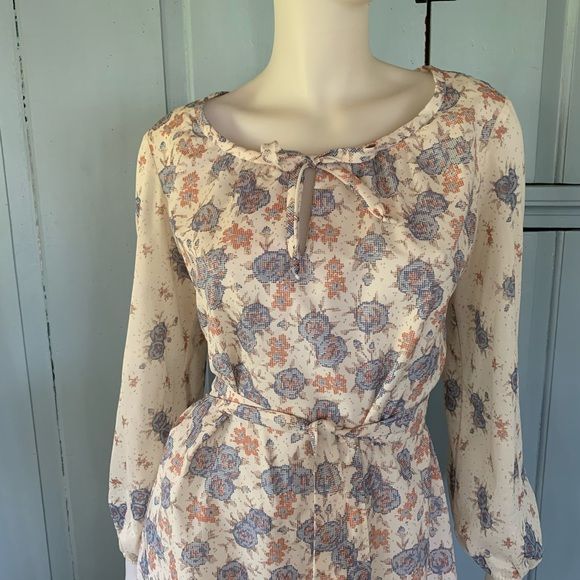 Vintage 70s Peasant Dress Medium Bleeker Street Floral Print Sheer Sleeve Midi - Image 2