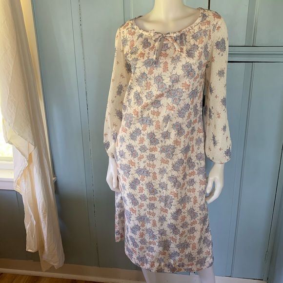 Vintage 70s Peasant Dress Medium Bleeker Street Floral Print Sheer Sleeve Midi - Image 3