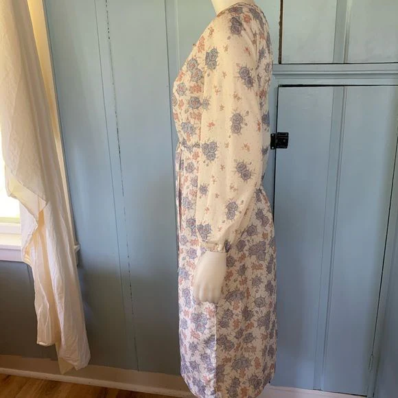 Vintage 70s Peasant Dress Medium Bleeker Street Floral Print Sheer Sleeve Midi - Image 4