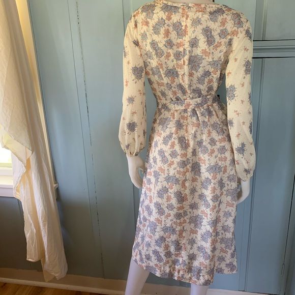 Vintage 70s Peasant Dress Medium Bleeker Street Floral Print Sheer Sleeve Midi - Image 5