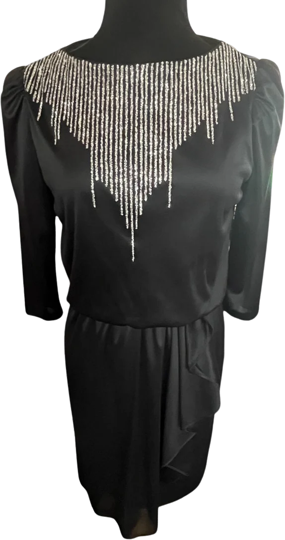 Vintage 70s Petites Black Silver Sparkle Wrap Dress Small/med 8 Art Deco by Jenny