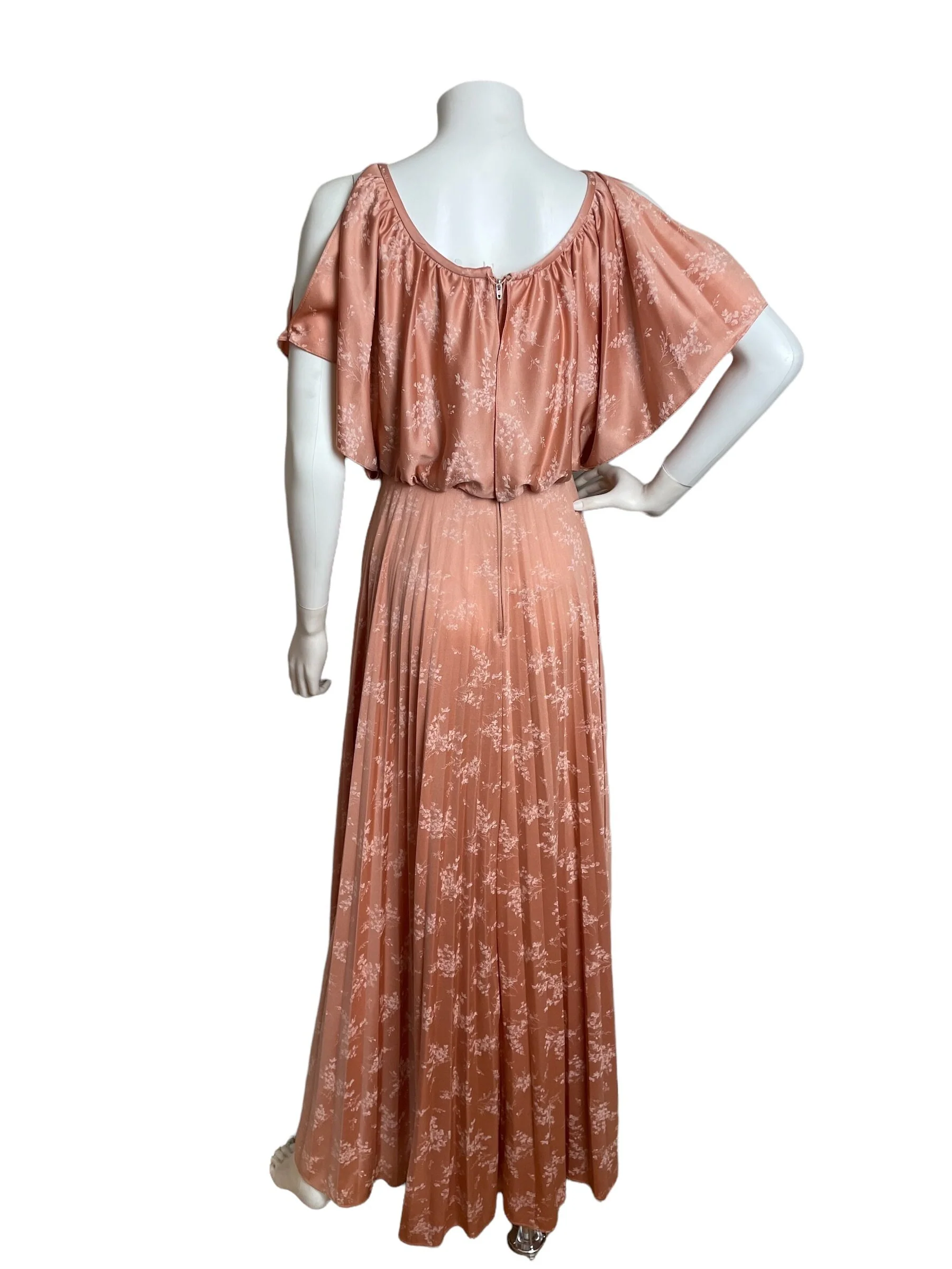 Vintage 70s Pink Champagne Pink Floral Pleated Floor Length Disco Studio 54 Gown - Image 2