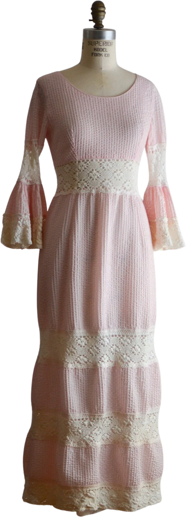 Vintage 70s Pink Dress Striped Ruffled Sleeves Cotton by Las Cruces
