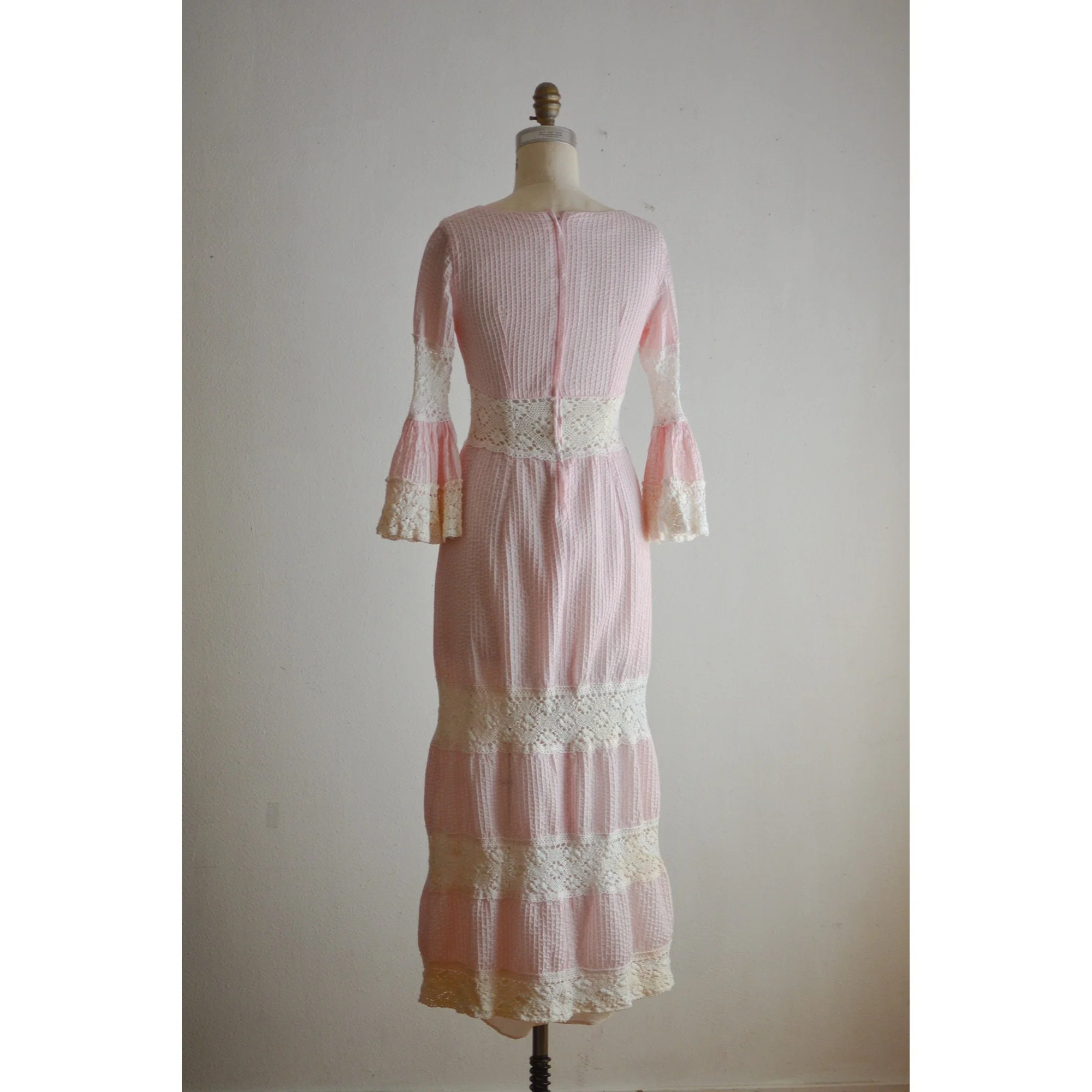 Vintage 70s Pink Dress Striped Ruffled Sleeves Cotton by Las Cruces - Image 2