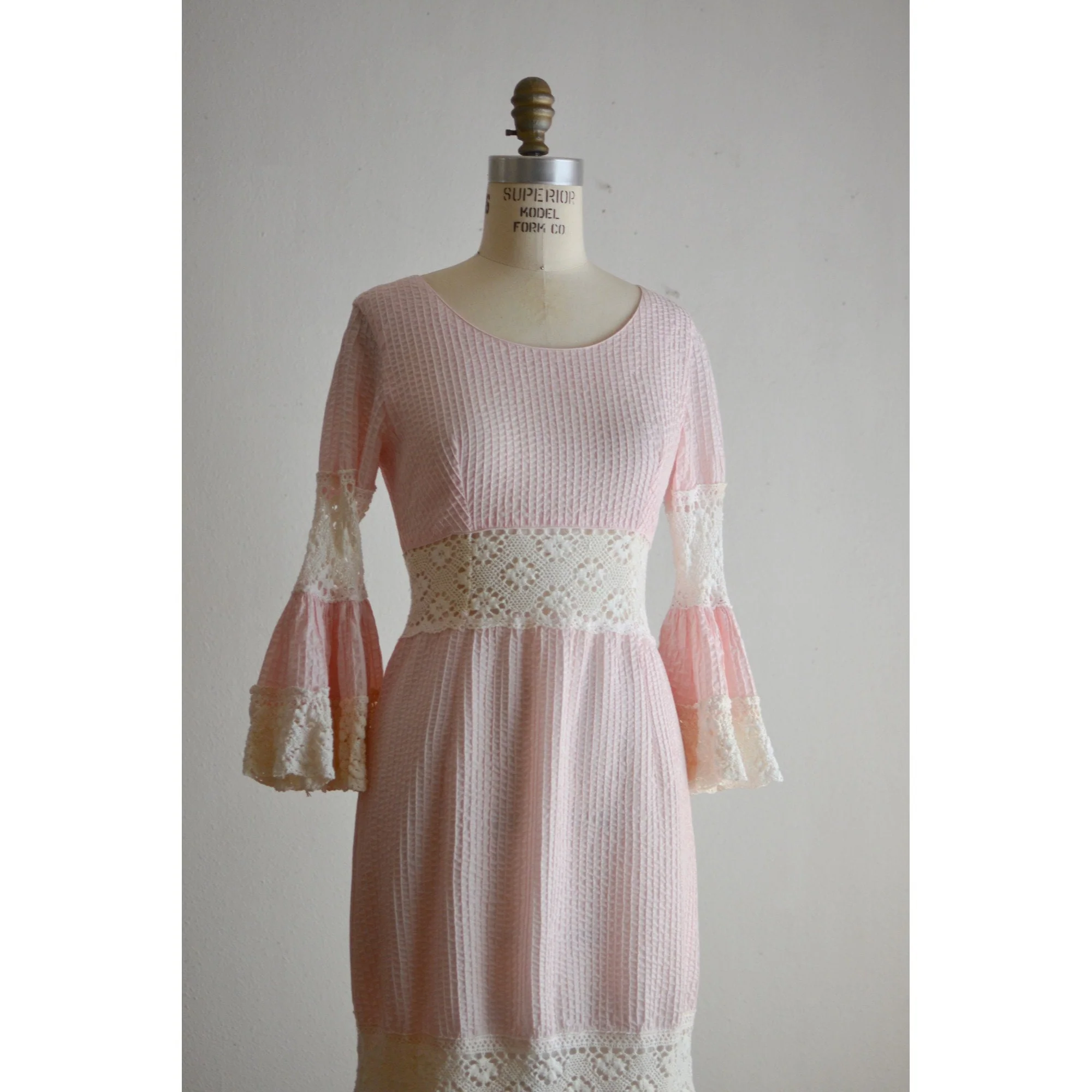 Vintage 70s Pink Dress Striped Ruffled Sleeves Cotton by Las Cruces - Image 3