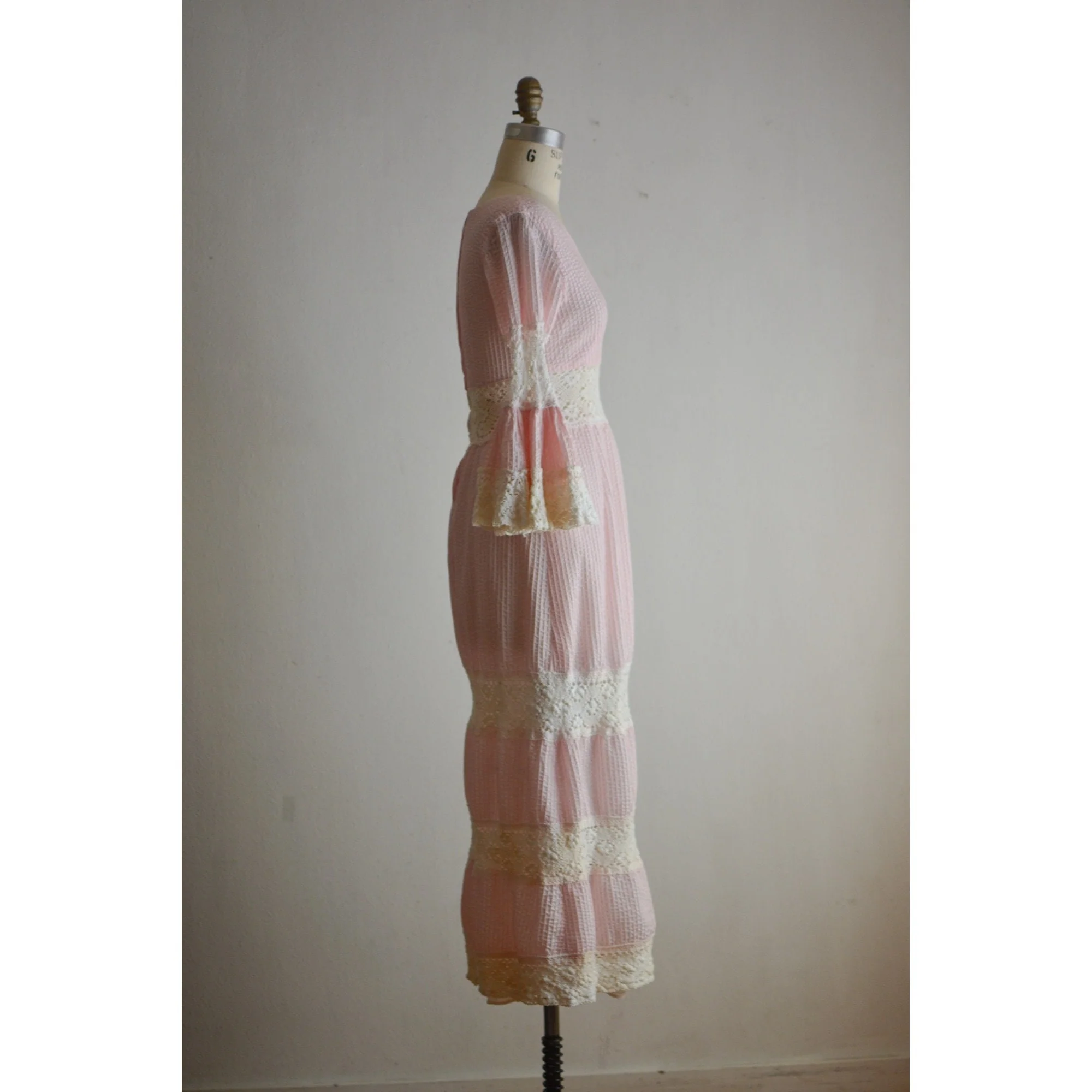Vintage 70s Pink Dress Striped Ruffled Sleeves Cotton by Las Cruces - Image 4