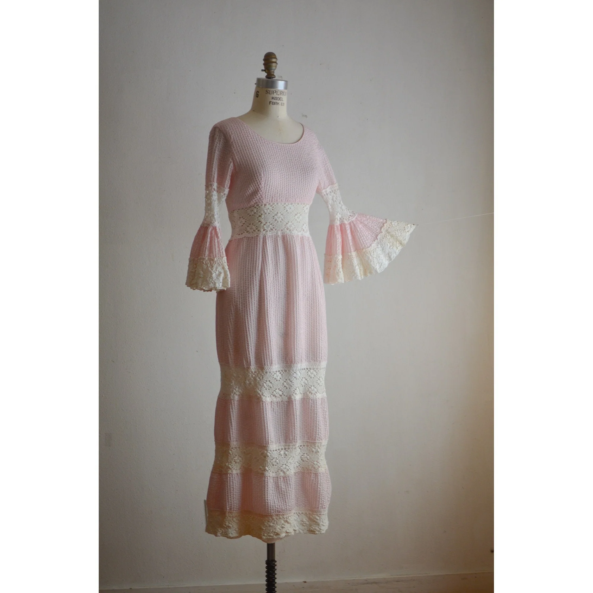 Vintage 70s Pink Dress Striped Ruffled Sleeves Cotton by Las Cruces - Image 5