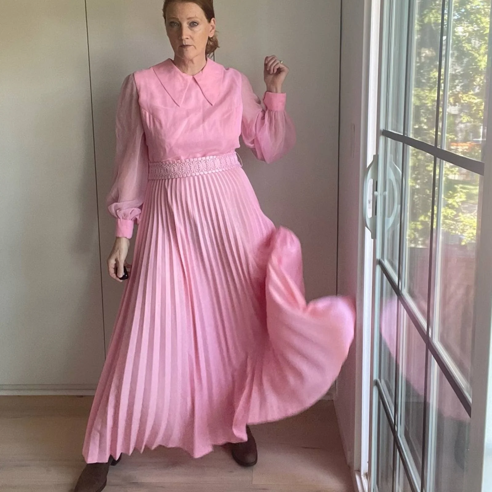 Vintage 70s Pink Formal Chiffon Pleated Full Length Gown Barbie Pink Prom - Image 10