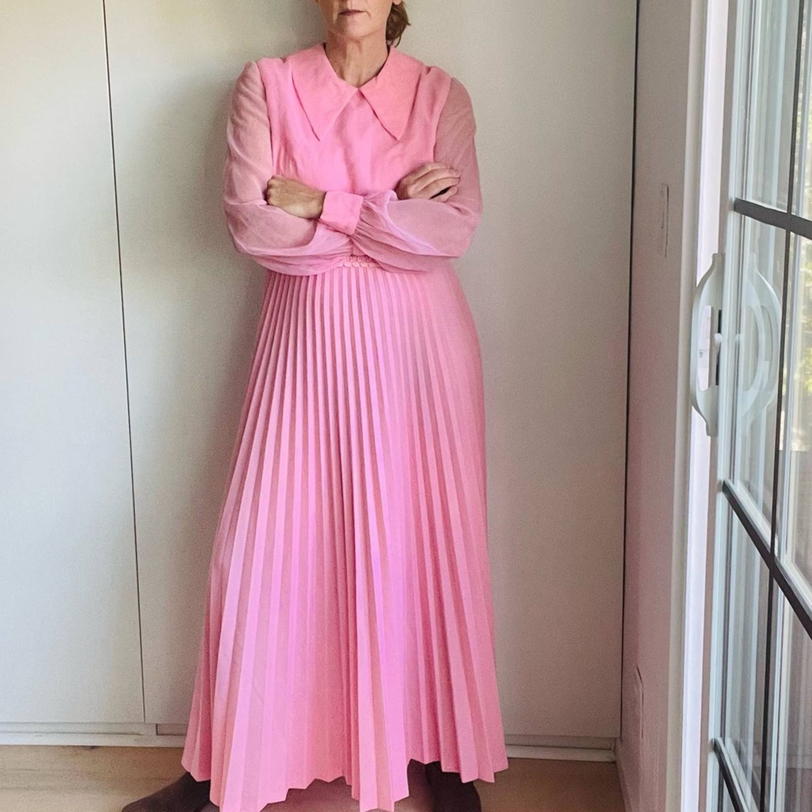 Vintage 70s Pink Formal Chiffon Pleated Full Length Gown Barbie Pink Prom - Image 11